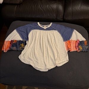 We The Free Blue and White Top with Multicolor Sleeves.  size XS